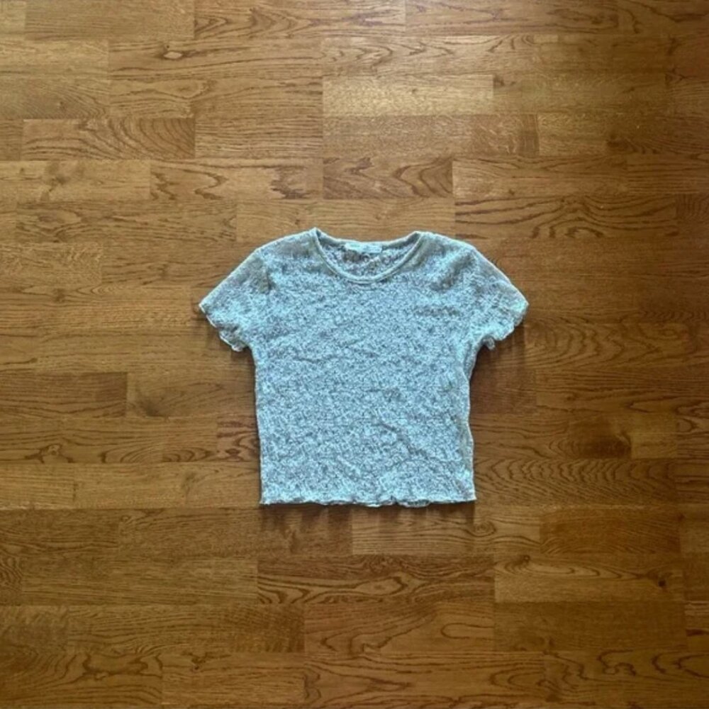 Pull & Bear Womens Lace Crop Top S Sheer Mesh Cropped Gray Baby Tee T Shirt Crew